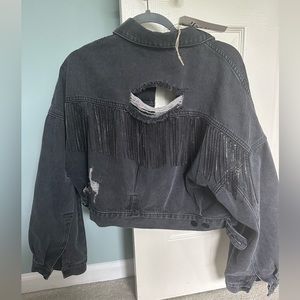 Charcoal jean jacket with rhinestone fringe. Never worn with tags